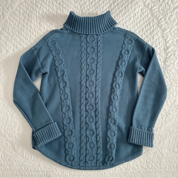 LL Bean Cable Knit Turtleneck Sweater Pullover Thick Cotton Fisherman Teal - Picture 9 of 10